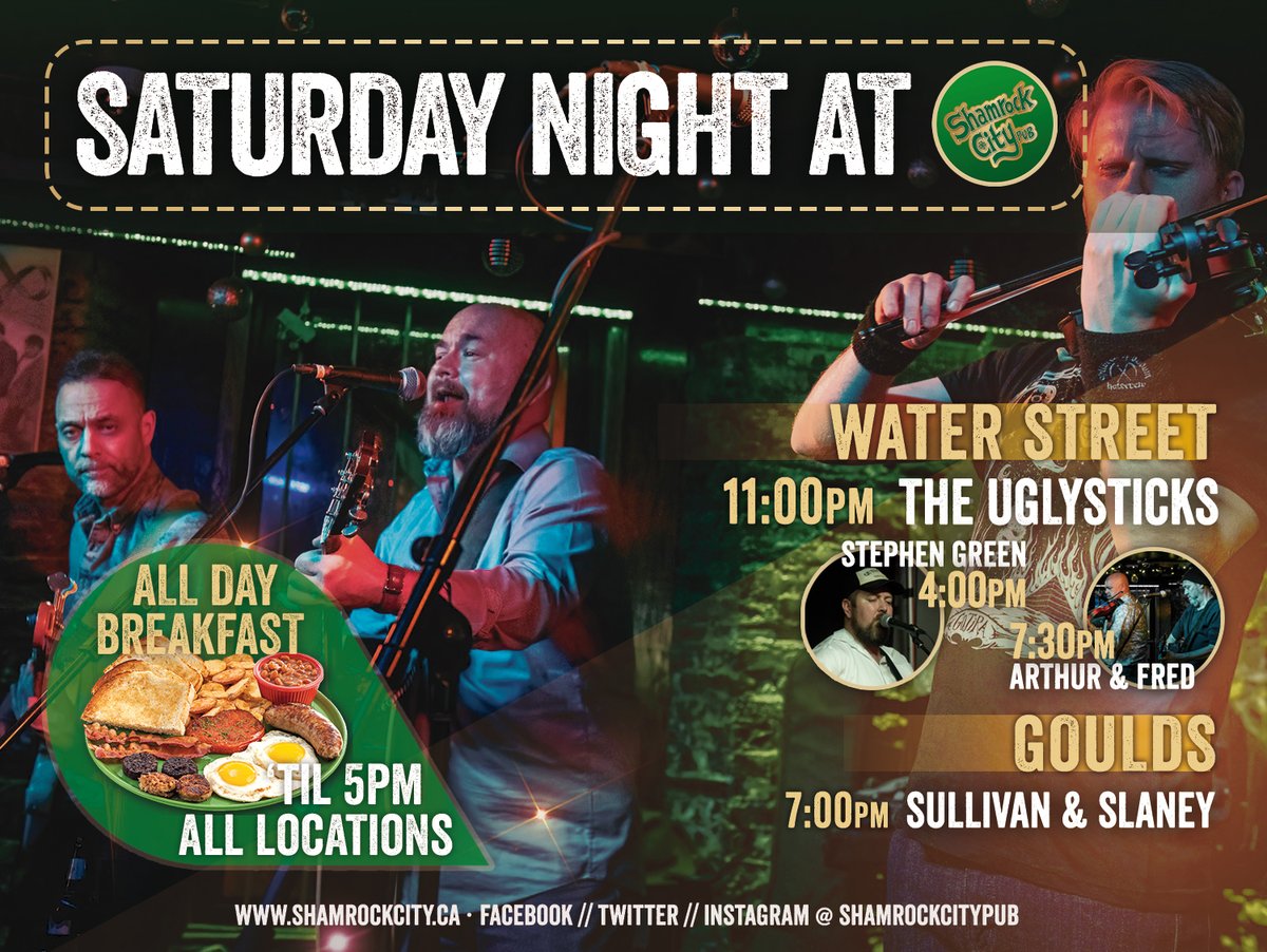 Kick off the day with all day breakfast at Shamrock City!  

With Stephen Green on stage at 4pm, Arthur &amp; Fred of The Navigators at 730pm and <a href="/uglysticksnl/">The UglySticks</a> returning at 11pm!

Join us at Shamrock Goulds with Sullivan &amp; Slaney at 7pm!

<a href="/DowntownStJohns/">Downtown St. John's</a> <a href="/NLLiveEvents/">NL Live Events</a> #livemusic