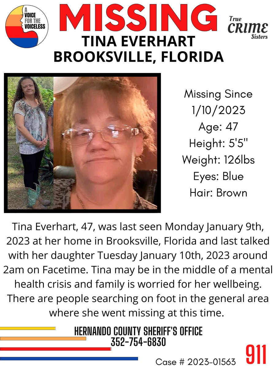 AwarenessTCS's tweet photo. PLEASE‼️It only takes one second to share this missing person‼️

#TinaEverhart 47, was last seen Monday January 9th, 2023 at her home in #Brooksville, #Florida and last talked with her daughter Tuesday January 10th, 2023 around 2am on Facetime. 
#MissingMom
1/ https://t.co/XiOxQvSlO0