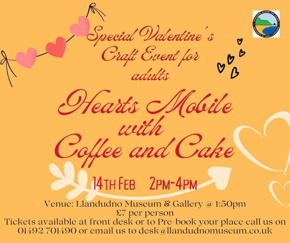 LlandudnoMuseum's tweet photo. 💕Hearts Mobile with Coffee and Cake💕Special Valentine's Craft Event for adults on 14th February at 2pm. 
🎉Express your love uniquely🎉
!! Limited seats!! 
#valentinesday2023 #heartsmobile #lovecraft #uniquecraft https://t.co/beK5ezrSrV