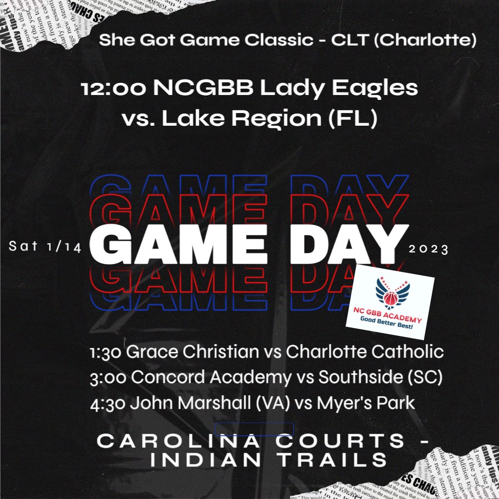 NCGBBA's tweet image. NCGBB is excited to play in Day 2 Today @SheGotGame7 CLT at Carolina Courts Indian Trails in 12 pm matchup vs Lake Region (FL). Other games:

1:30 Grace Christian vs Charlotte Catholic

3:00 Concord Academy vs Southside-SC

4:30 John Marshall-VA vs Myers’s Park