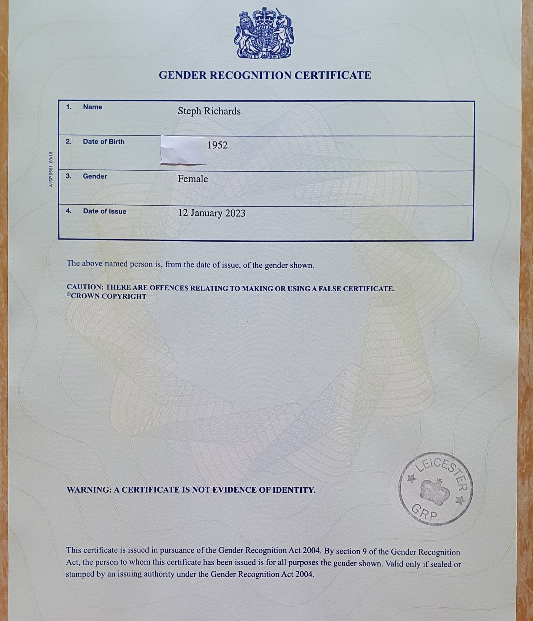 Picture of Gender recognition certificate
