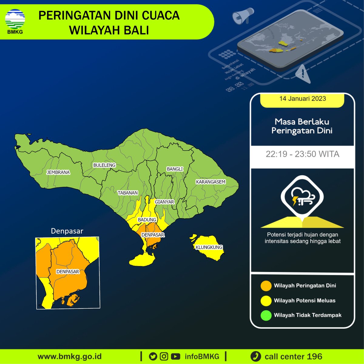 infoBMKG's tweet photo. Update Peringatan Dini Cuaca Wilayah - Bali Tgl. 14 Januari 2023 pkl. 22:19 WITA
Prakirawan - BMKG - Bali
https://t.co/8OUZB3oawd https://t.co/68jgLUUR4w