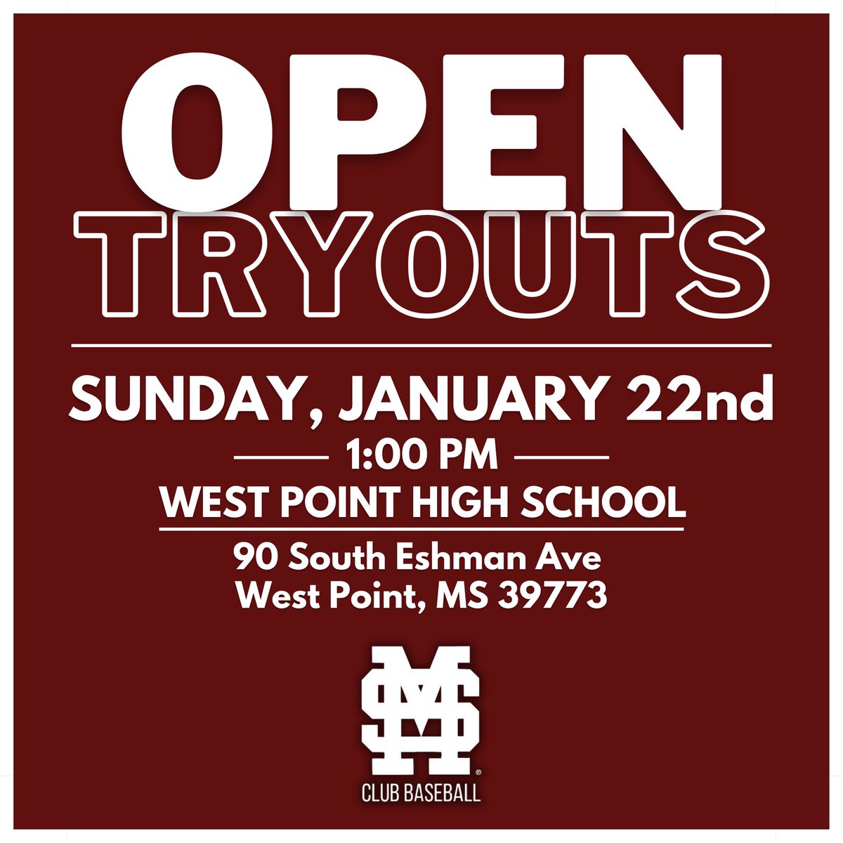 HailStateClubBB's tweet photo. Interested in becoming a Club Dawg?

OPEN TRYOUTS!
⏰ Sunday, January 22nd @1:00pm
📍 West Point High School
90 South Eshman Street
West Point, MS 39773

Questions? Send us a DM. https://t.co/BPoxKAxBsv