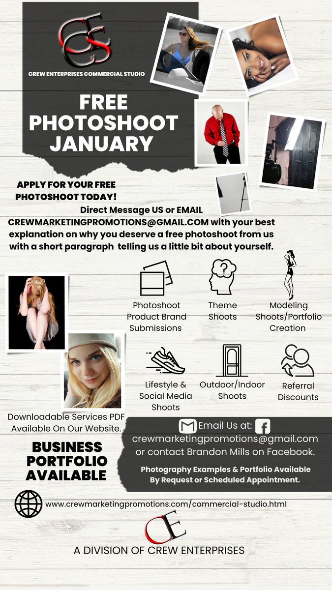 CrewMarketing's tweet photo. C.E.C.S. is giving away a free Pro-photoshoot with all the trimmings this January 2023 for its two-year reopening anniversary from COVID-19.
#crewenterprises #cecs #freephotoshoot #crewmarketingpromotions
#ApplyToday https://t.co/hoSU18rFNq