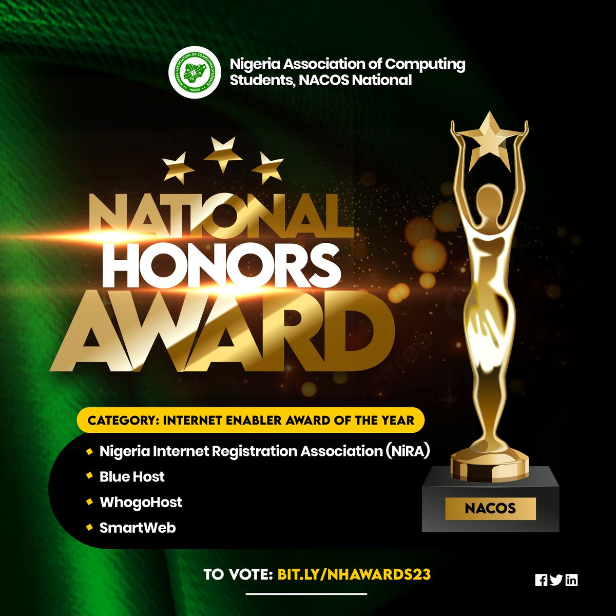 nacosnational's tweet photo. INTERNET ENABLER AWARD OF THE YEAR
โข Blue Host @bluehost
โข WhogoHost @whogohost
โข SmartWeb @smartwebng
โข Nigeria Internet Registration Association (NiRA) @niraworks https://t.co/TSDge2kDRx