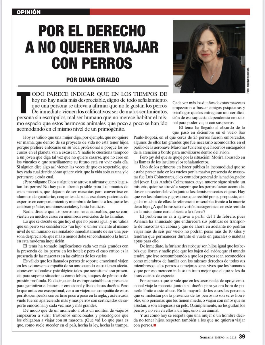 DianaSaray's tweet photo. Así como hoy se respeta a quienes deciden no tener hijos, o no casarse, hay que respetar también a quienes no comparten la visión de que los perros están en el mismo nivel de los hijos. Mi columna de hoy… https://t.co/GJ5VrJ5Z8S