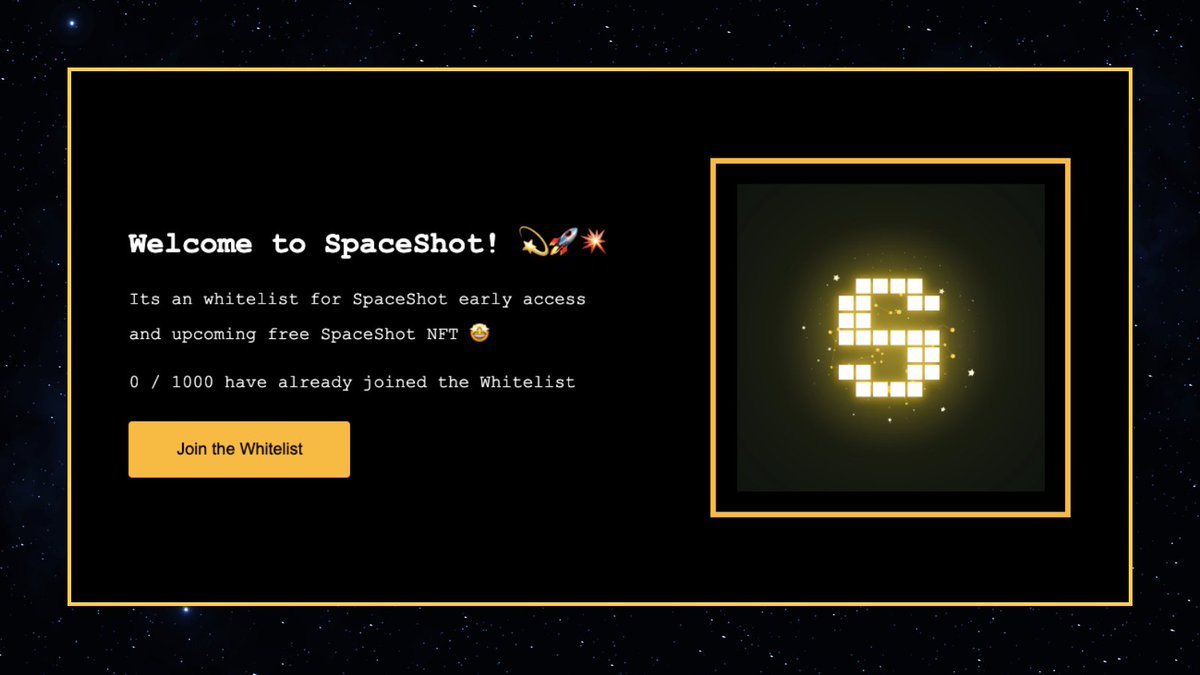 Ready for 🚀 lift-off?

Join the #SpaceShot whitelist now for a chance to get early access to our platform and upcoming NFT giveaway. 

Head to spaceshot.io and secure your spot! 

Take advantage of this. 

#P2E #GamiFi #CrashGame #NFTs