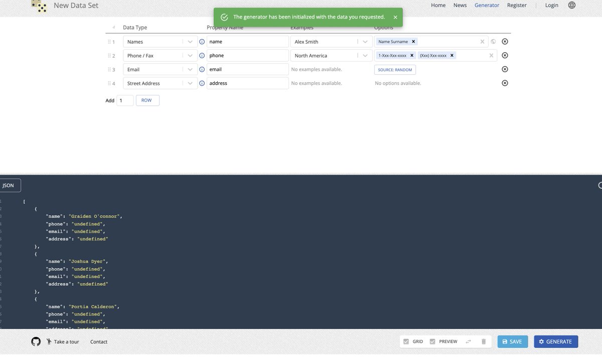 Generate Data

Free tool for generating fake data. Useful for testing scripts and applications. The result can be downloaded in CSV, JSON, XML, SQL or JavaScript (PHP, TypeScript, Python) arrays.

generatedata.com/generator