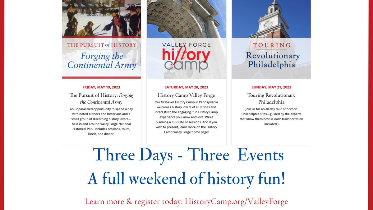 The wait is over! Registration for History Camp Valley Forge is open. 

This May we have 3 events over 3 days - it will be a full weekend of history fun. 

You can register for 1, 2, or 3 days. Learn more &amp; reserve your spot today at bit.ly/3ZBBkkw  

#HistoryCamp
