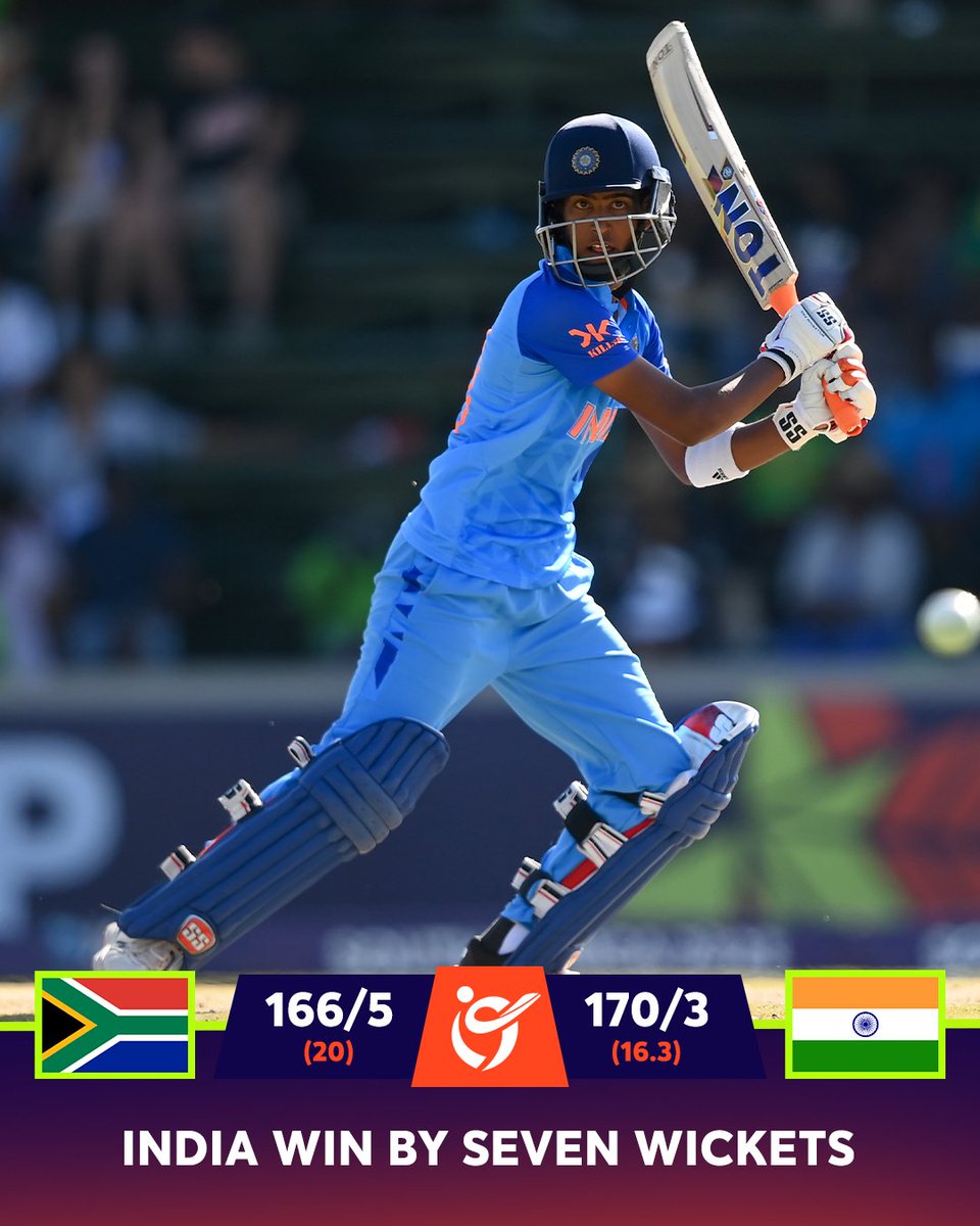 T20WorldCup's tweet photo. A comprehensive victory for India against hosts South Africa in Benoni ✌️

Watch the Women's #U19T20WorldCup for FREE on https://t.co/5AuGFN3l1C (in select regions) 📺

📝: https://t.co/0VGNMaOk6L https://t.co/xU6AxbEM2T