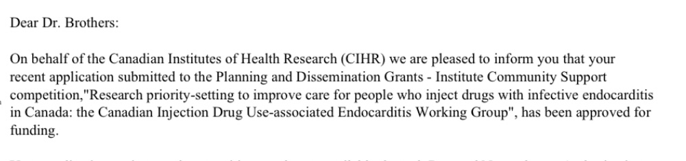 Great start to 2023 with <a href="/CIHR_IRSC/">CIHR</a> grant to support research priority-setting exercise to improve care for people with injection drug use-associated endocarditis! 

w/ Canadian Injection Drug Use-Associated Endocarditis Working Group &amp; partners <a href="/CAPUDofficial/">Canadian Association of People Who Use Drugs</a> <a href="/SUNAR_atlantic/">Substance User Network of the Atlantic Region</a>