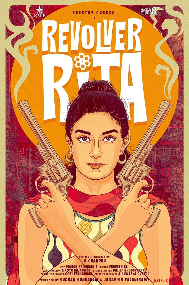 Here is the first look of
#RevolverRita 
Super excited to announce my next journey in collaboration with the The Route and Passion Studios! 😄♥️
#RevolverRitaFirstLook
#KeerthySuresh
#JagadishPalanisamy #SudhanSundaram #DirectorChandru #DineshKrishnan #PraveenKL