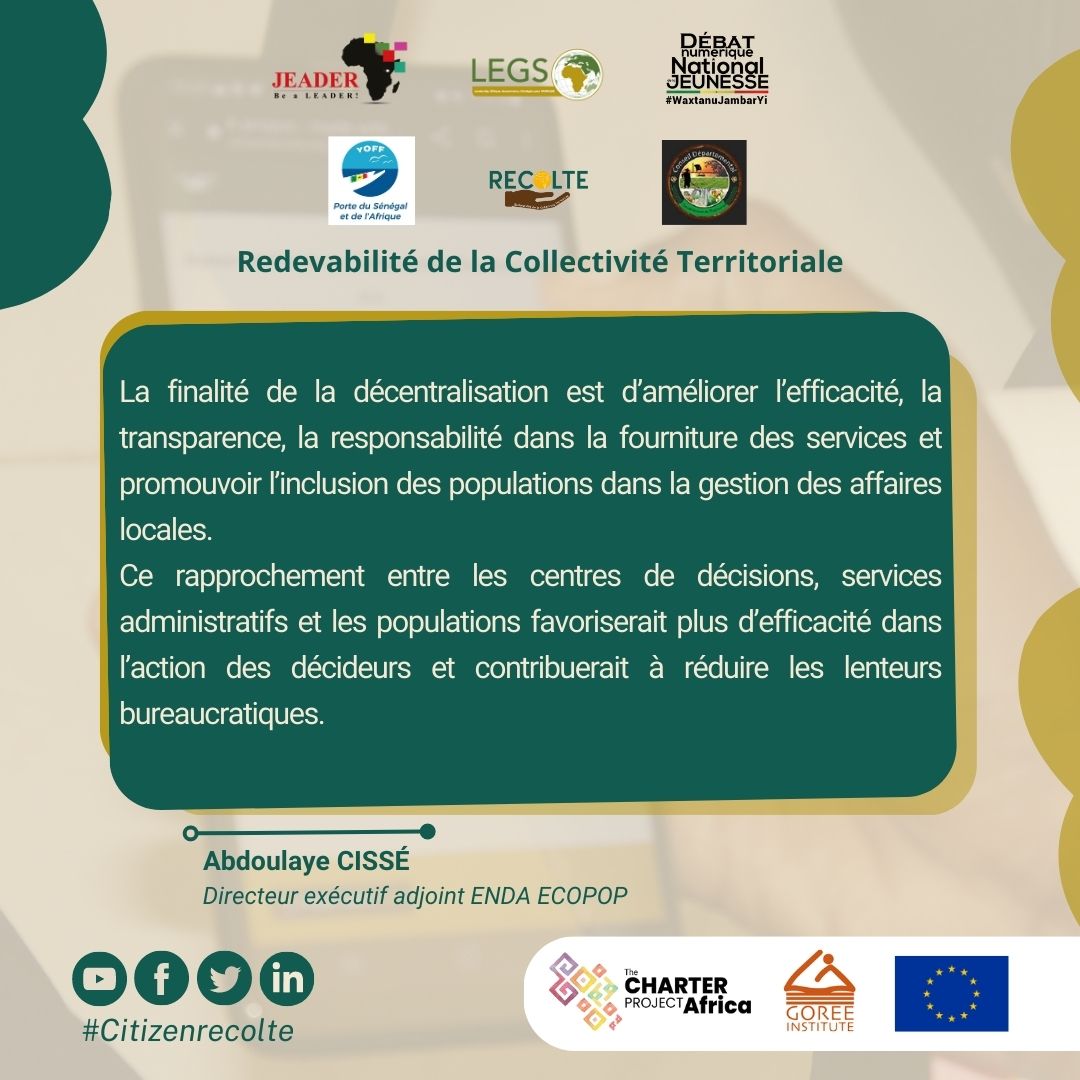 #Citizenrecolte #civictech 

La décentralisation permet aussi d'identifier les besoins réels des populations et de promouvoir l'inclusion et la participation des citoyens à la gestion des affaires publiques.
<a href="/sils_jr/">Seydina Issa Laye Sambe</a> 

#RedevabiliteActive 
#gouvernancelocale 
#yoff #Tivaouane