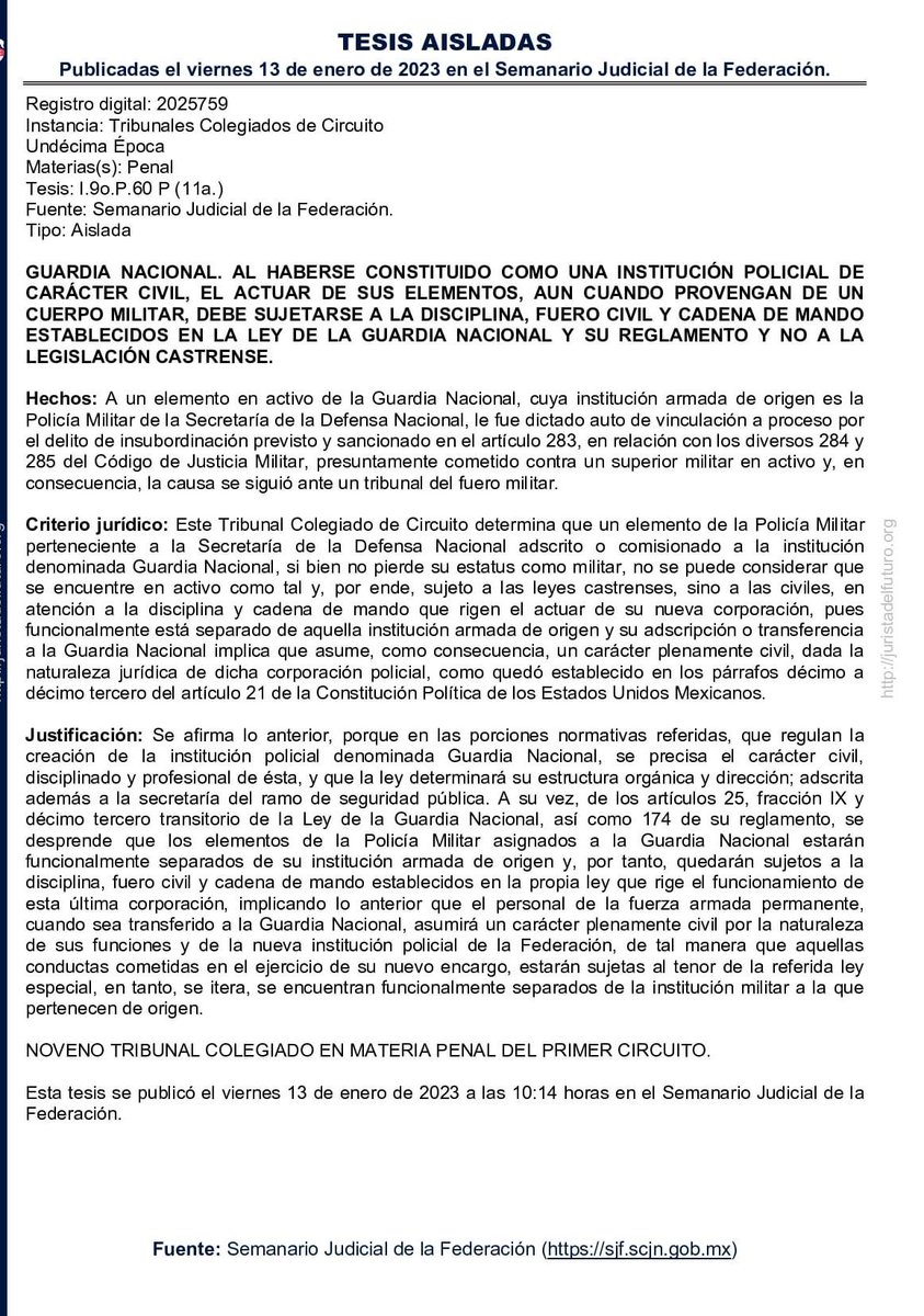 Tesis aislada emitida ayer 13 de enero de 2023, por un Tribunal Colegiado del Noveno Circuito, sobre régimen jurídico interno de la <a href="/GN_MEXICO_/">Guardia Nacional</a> .

Se nota enseguida que <a href="/ArturoZaldivarL/">Arturo Zaldívar</a> ya no preside la <a href="/SCJN/">Suprema Corte</a>