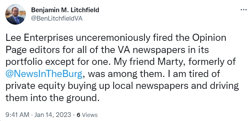 bluevirginia's tweet photo. Local newspapers have already been decimated over the past decade or so. Now, check out what Lee Enterprises is doing to a bunch of Virginia local papers . https://t.co/nvVxXc1uoD h/t @BenLitchfieldVA @JoeyLoMonaco  cc: @RTDSchapiro https://t.co/oO2JDCdnZX