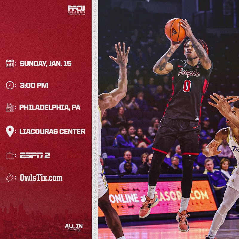 TUMBBHoops's tweet photo. Currently sitting in a 3-way tie for 2nd place in the conference standings, Temple will host the conference's preseason pick to finish second, Memphis in a key showdown Sunday afternoon at 3pm at the @LiacourasCenter

𝗔𝗟𝗟 𝗜𝗡!  #ForPhilly