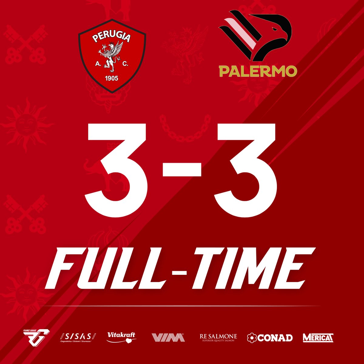 ACPerugiaCalcio's tweet photo. Dopo 4' di recupero fischio finale al #Curi
#PERPAL 3-3
#forzagrifo @Lega_B #SerieBKT #PerugiaPalermo #noisiamoperugia https://t.co/p7RpI4GFkz