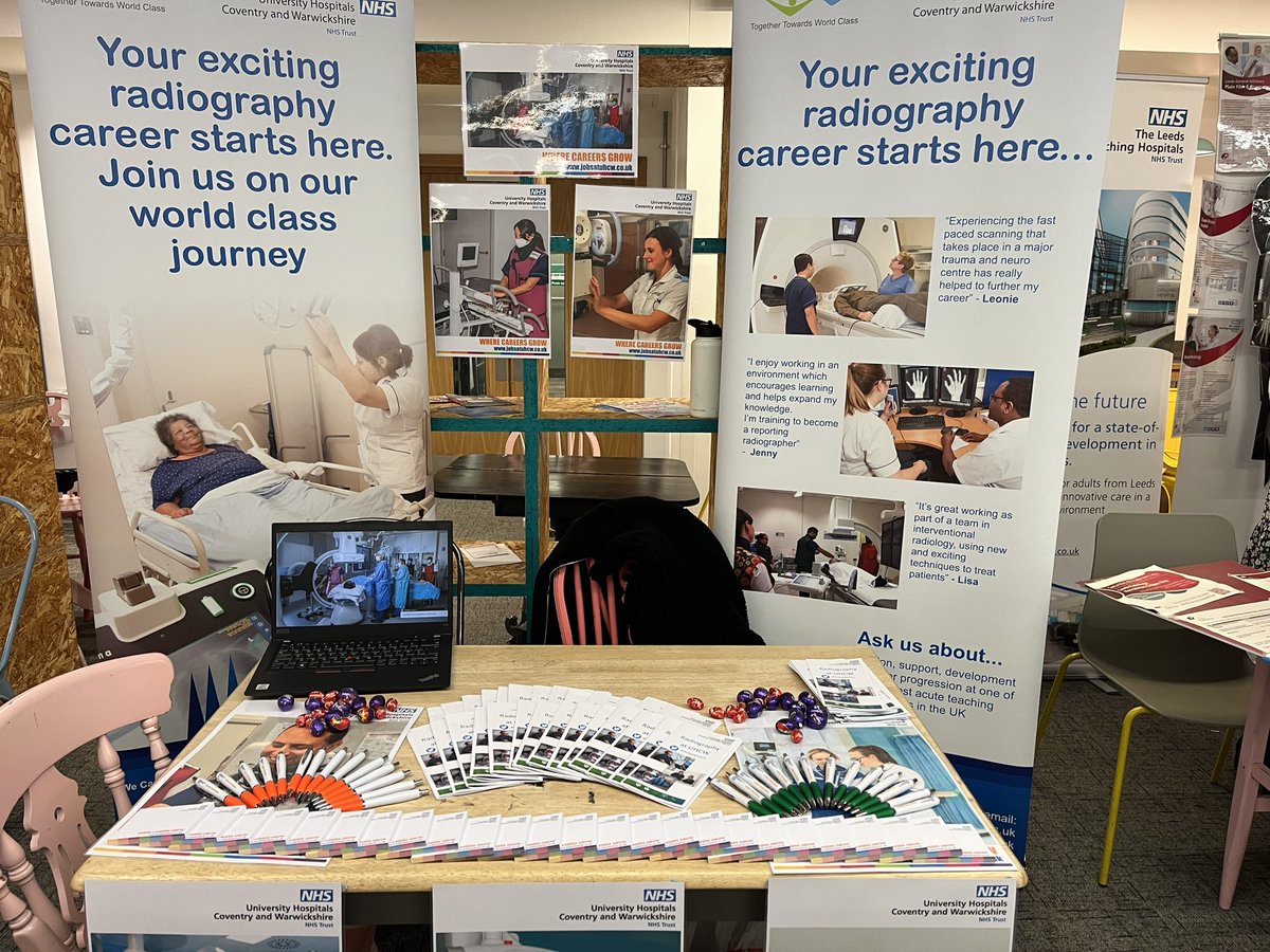 SarahRad28's tweet photo. All set up and ready for Uni of Leeds Recruitment Fair! Come along and speak to us about the exciting opportunities at @RadiologyUhcw #radiographyrecruitmentfair #diagnosticradiography #radiography @AHPS_UHCW https://t.co/b8W0F7cGmk