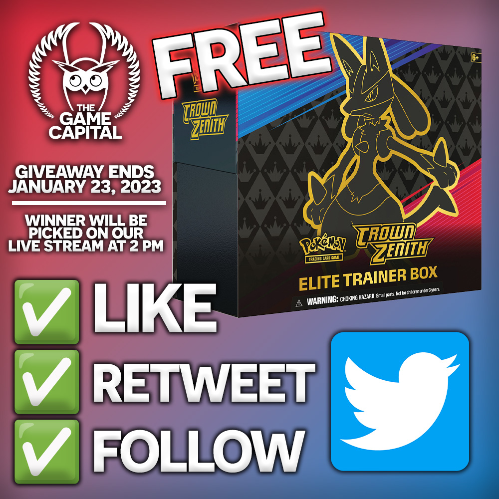 TheGameCapital's tweet photo. 🎉 CROWN ZENITH ETB GIVEAWAY! 🎉

✔️ MUST 18+ AGE
✔️ ACCOUNT W/ COMPLETE PROFILE &amp; 1+ MONTH AGE 
✔️ MUST BE IN US 

GOOD LUCK, EVERYONE! 🥳 https://t.co/6qhUlL5tN6
