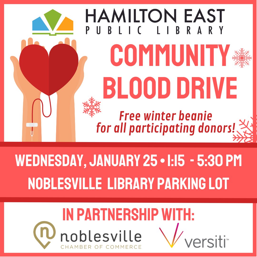 HEPL is co-hosting a blood drive with the Noblesville Chamber of Commerce to support our community! The Versiti bloodmobile will be in the Noblesville parking lot. Appointments are highly recommended.

Click here to schedule your donation: ow.ly/yIF450Mq80m