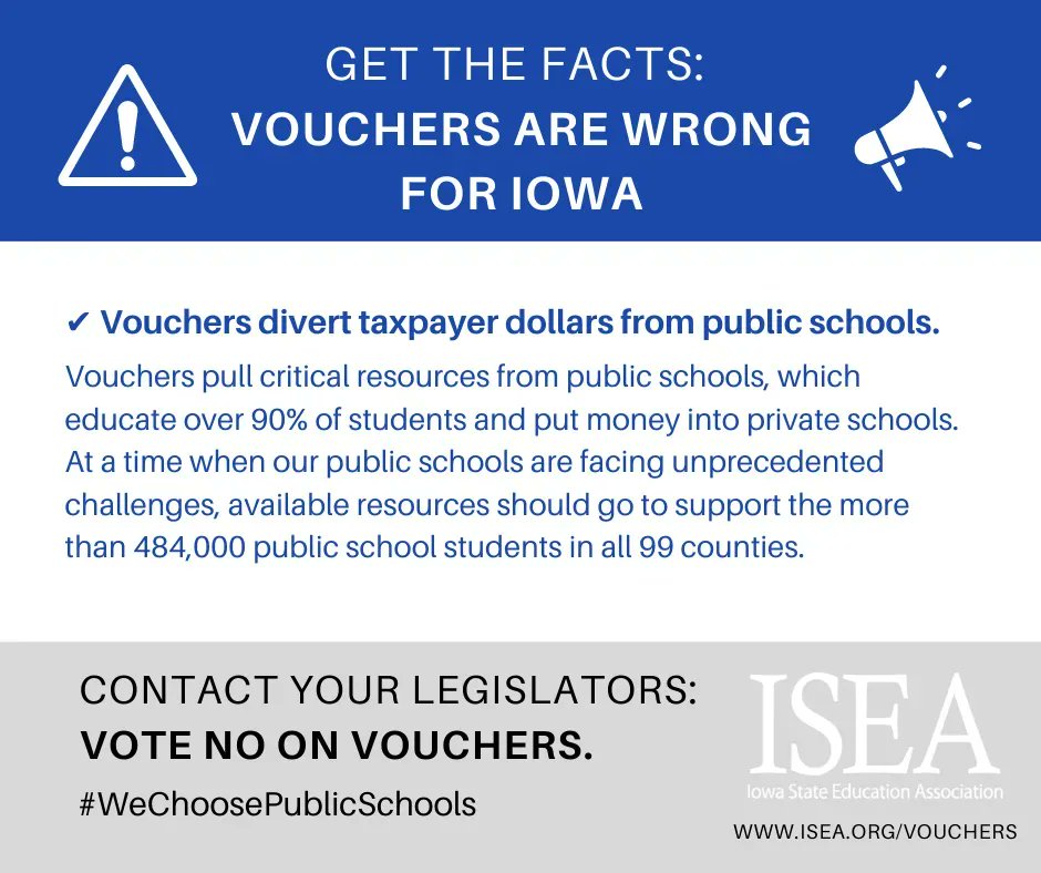Vouchers mean less money for public schools, period. Tell your legislator to oppose them: buff.ly/3cuPH00 and show up: Tuesday 1/17 5 PM, Iowa State Capitol Room 103