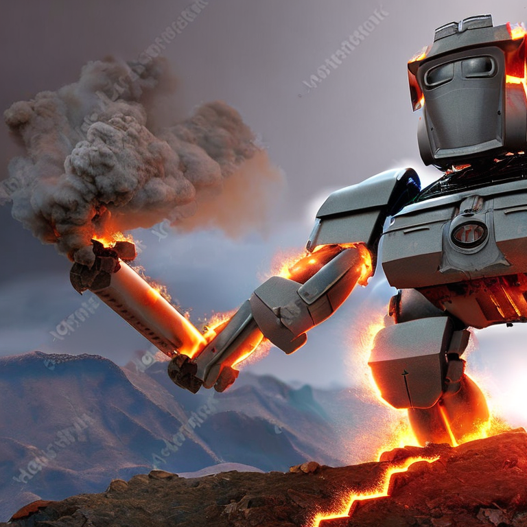 CREAIT_OFFICIAL's tweet photo. Hyper realistic 3D render of a giant robot atop a mountain, with smoke and fire erupting from its body and weapon #3D_render #giant_robot #mountain #smoke #fire #aiart #aigeneratedart https://t.co/mJuHPvtqhk