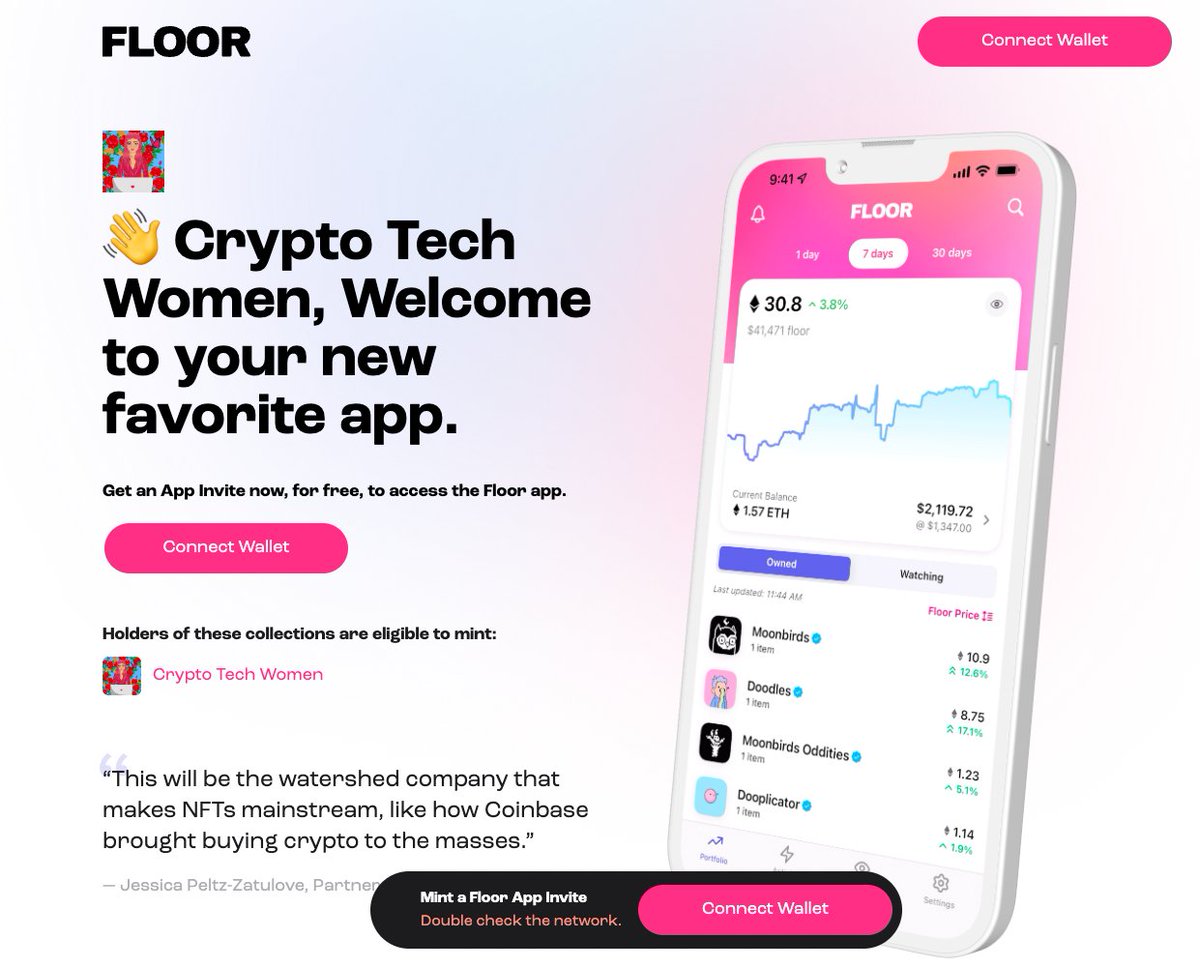 CryptoTechWomen's tweet photo. CTW have you minted your free @floor App invite?
 
Holders, mint here 👉https://t.co/baV4DTFtiB 

After minting your invite, download the Floor app from the app store and stay connected to your favorite NFT collections (like us)😉 https://t.co/6OdU7sIdq6