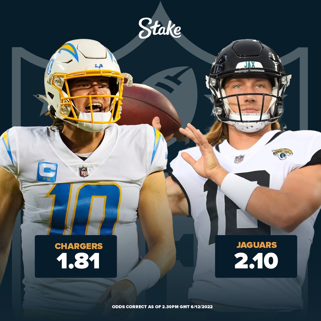 Stake's tweet photo. #LACvsJAX is set to be a battle between two young 🌟 QBs 🏈

Tell us who you think will throw for most yards out of Justin Herbert and Trever Lawrence and we'll choose one correct answer to win $200 in Stake credit 💰

Level 2 verified account req to claim prizes ✅

#NFLPlayoffs https://t.co/oYLZBO84Oe