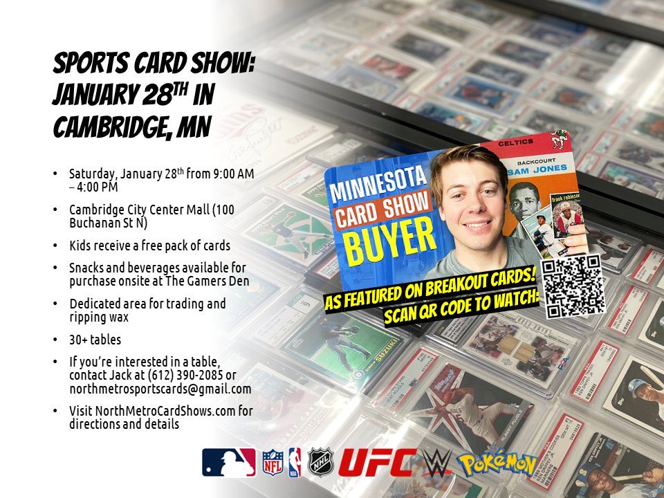 ChrisVanAnda's tweet photo. We have a collector friendly sports card show in Cambridge, MN on Saturday, January 28th. 30+ tables, area for trading and ripping wax, free kids packs, and more! Details and directions are on our website: https://t.co/gtANBt70QS  CC:@CardPurchaser https://t.co/WKIBevAT0X