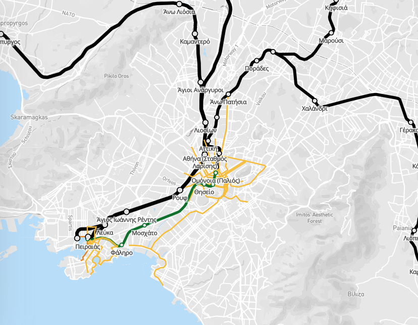 citylines_co's tweet photo. Athens in 1911. In black, commuter rail. In yellow, trams. In green, the first metro line of the city, which had opened as a regular train service back in 1869. https://t.co/YY6TsZiNeE https://t.co/avDShvnekw