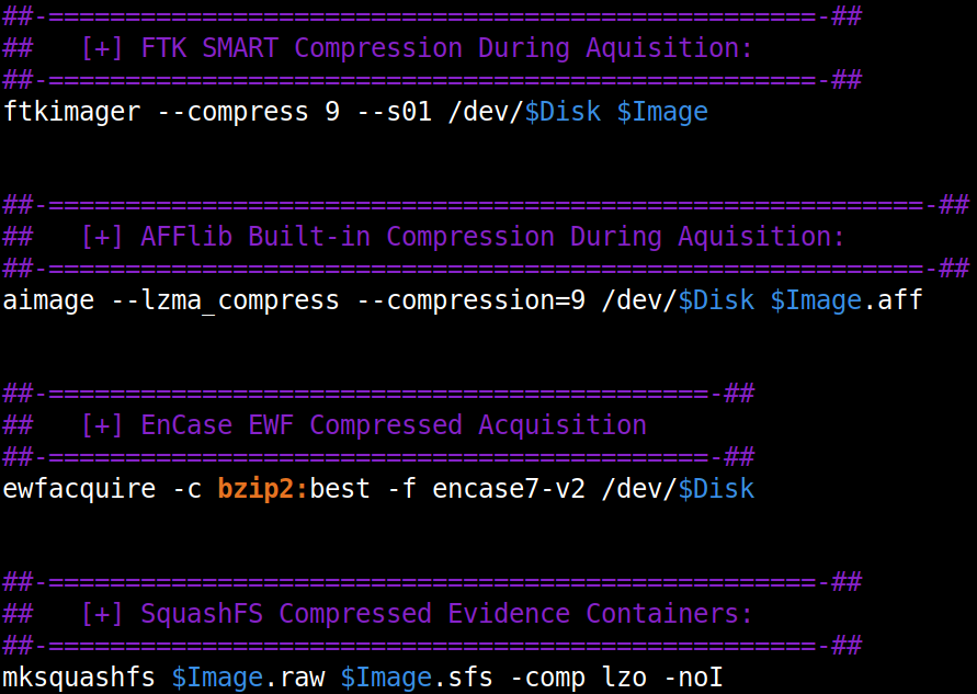xe1phix's tweet photo. I created a #Linux #DFIR #cheatsheet detailing how to use #compression during #forensic acquisition. #EWF #AFF #SquashFS. https://t.co/l7iZlqz9pR