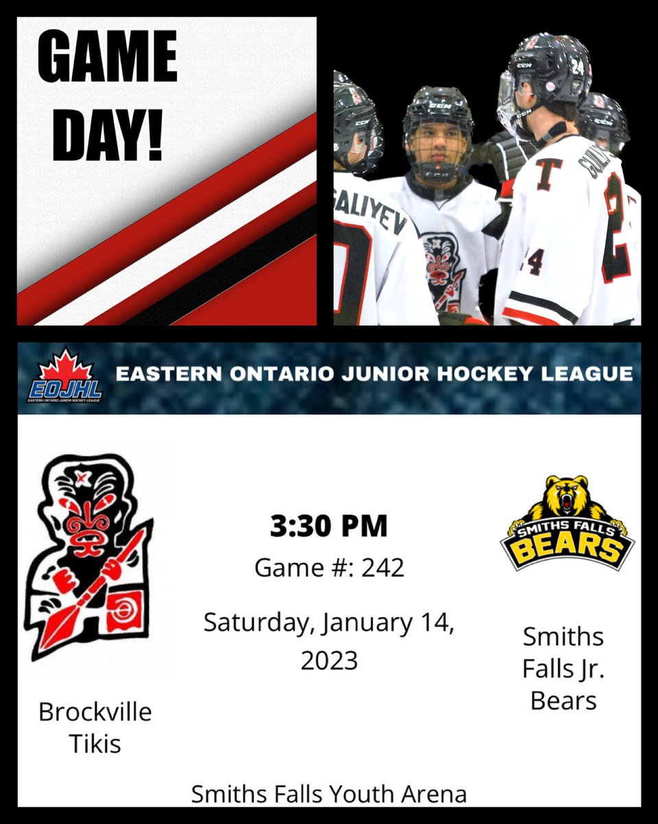 TikisBrock's tweet photo. 🚨GAME DAY! 🚨 After a big loss last night, the Tikis are looking to bounce back today against Smiths Falls. “You have no choices about how you lost, but you do have a choice about how you come back and prepare to win again.”– Pat Riley #rollteeks #TikisGameday #EOJHL @TheEOJHL https://t.co/e9vl9TbTLb