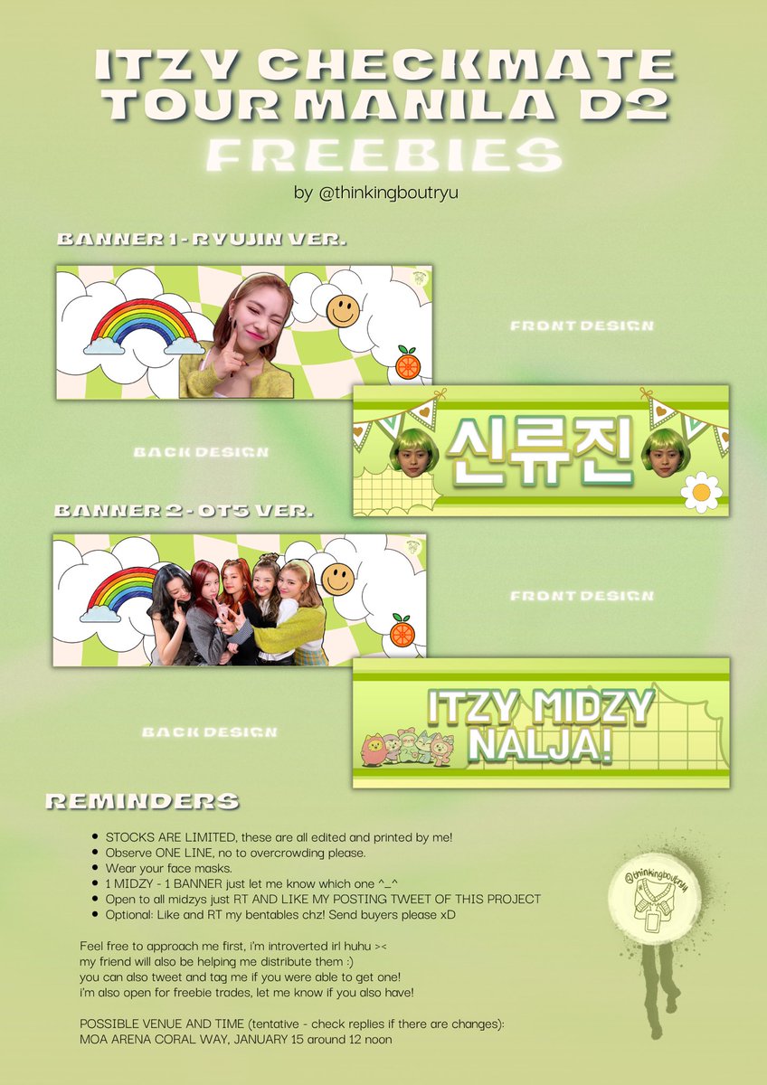 thinkingboutryu's tweet photo. ITZY CHECKMATE TOUR 
MANILA DAY 2 FREEBIES 
#ITZYinManila #ITZYFreeFallinPH 
#ITZY_WORLD_TOUR

hello! pahabol freebies ~ i'll be giving away ryujin &amp; ot5 banners edited and printed by me for free ☻ just RT and LIKE this tweet!

see poster for details and pls be nice! 🫶🏼 https://t.co/pjQfFAF8cB