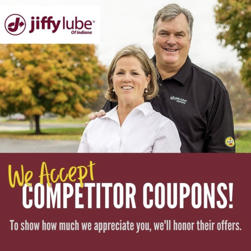We happily accept competitors' coupons! As a locally owned franchise of Jiffy Lube, we pride ourselves on having Hoosiers serving Hoosiers since 1985.  We look forward to serving you at your neighborhood #jiffylube.  Find your nearest location here:  bit.ly/3ipyG0A