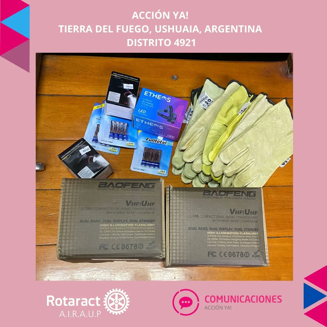 Desde Acción Ya! se inició dicha campaña que involucró a toda la Agencia, y gracias a la colaboración de todxs se pudieron comprar los siguientes insumos: 
- 2 Handy Gadnic Baofeng uv6ra
- 3 Linternas mineras (linternas frontales)
- 4 Pares de guante vaqueta
- Pilas

#somosairaup