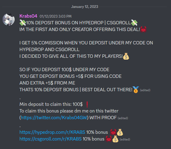 Krabs04GW's tweet photo. 🎁THE ABSOLUTE BEST OFFER🎁

🦀FIRST AND ONLY CREATOR OFFERING 10% DEPOSIT BONUS ON HYPEDROP AND CSGOROLL🦀

READ MORE INFO ON THE PICTURE
https://t.co/rDOjGnYE8a 🏆
https://t.co/JRnKUBZyHE 🏆

To celebrate this Im gonna give 250$ to random RT + tag 2 friends🎅🏻

Draw in week❗🏆 https://t.co/iFZFdTjP8V