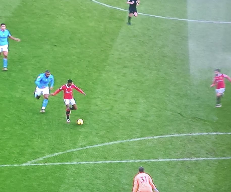 Have to question the professional capabilities of the referee, assistant and VAR team, if none of them deem Rashford to be interfering here.