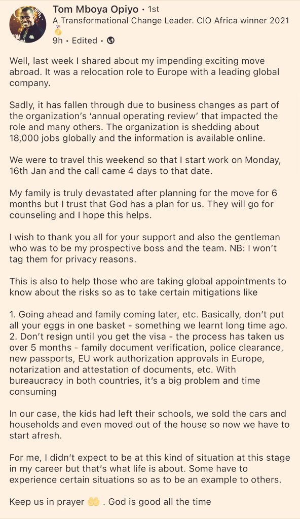 MwangoCapital's tweet photo. This is former Unga CIO who was to take up a job at Amazon in Europe next week. 

Amazon are downsizing making his potential job redundant. 

Wueh. https://t.co/N8wF92SzNJ