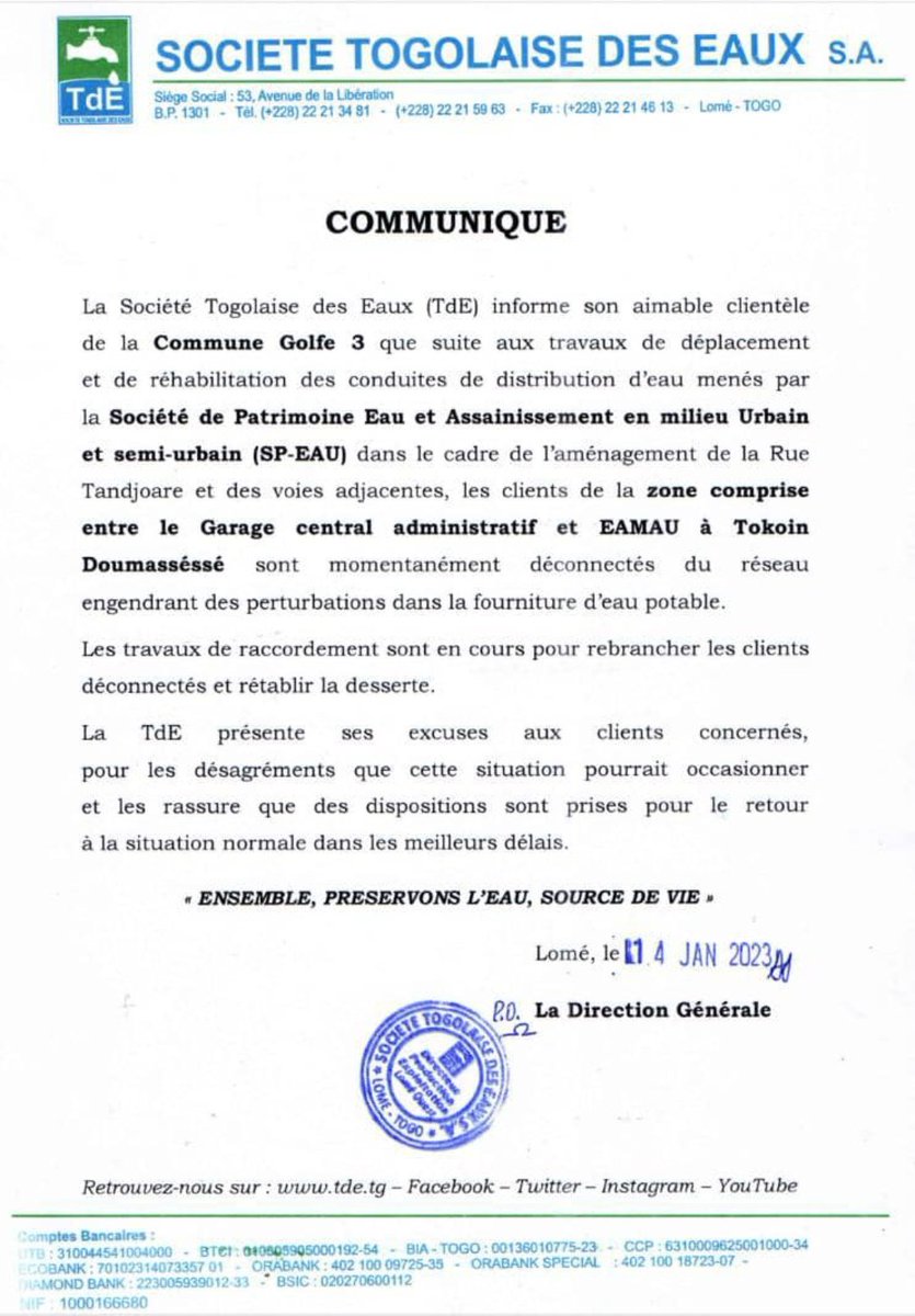 laTdE_SA's tweet photo. #Perturbations dans la fourniture d'eau potable à Tokoin Doumasséssé (Commune #Golfe3) inhérentes à l'aménagement de la Rue Tandjoare.
Les équipes techniques sont à pied d'œuvre pour le retour à la normale.
#Eaupotable
#Lomé
@eau_tg @SPEAU2 @TogoOfficiel @TogoTwittos @DAGL_TG https://t.co/HjNmAf81tP