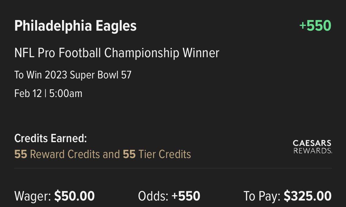 DoctorPickEm's tweet image. Doctor Certified play
I’m in for 1.5u on the birds to win it all. Taking advantage of the @CaesarsSports bet &amp;amp; get $20 free bet promo and the @BSSportsbook playoff dominance promo. #GoBirds