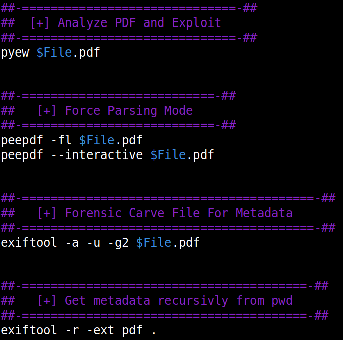 xe1phix's tweet photo. I created a #Linux #cheatsheet for #PDF #forensic analysis. The cheatsheets included cover the following #DFIR tools: #exiftool, #pdfid, #pdfparser, and #peepdf. https://t.co/d2Dh6A7XlX