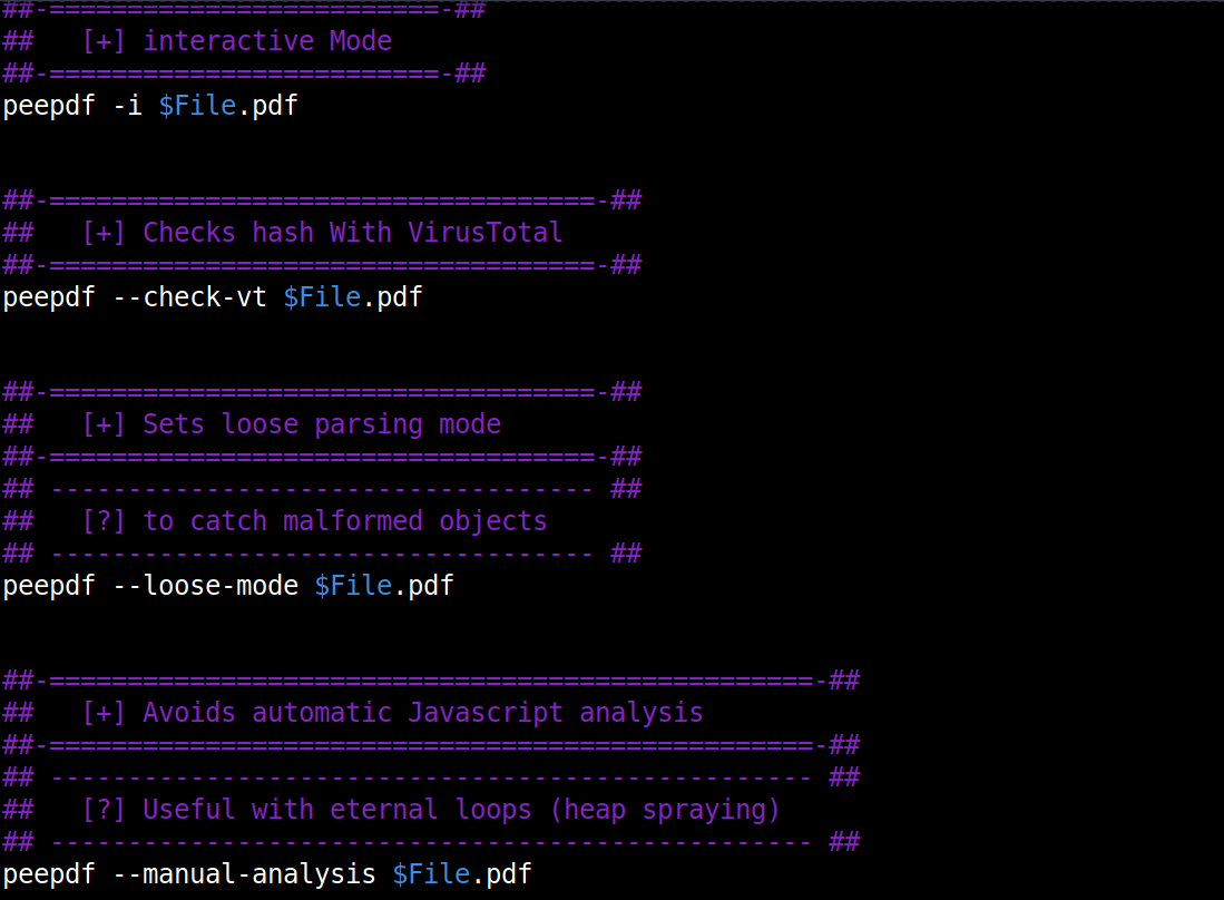 xe1phix's tweet photo. I created a #Linux #cheatsheet for #PDF #forensic analysis. The cheatsheets included cover the following #DFIR tools: #exiftool, #pdfid, #pdfparser, and #peepdf. https://t.co/d2Dh6A7XlX