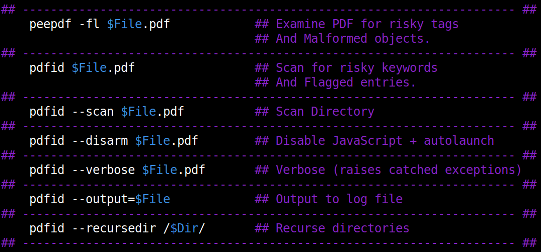xe1phix's tweet photo. I created a #Linux #cheatsheet for #PDF #forensic analysis. The cheatsheets included cover the following #DFIR tools: #exiftool, #pdfid, #pdfparser, and #peepdf. https://t.co/d2Dh6A7XlX