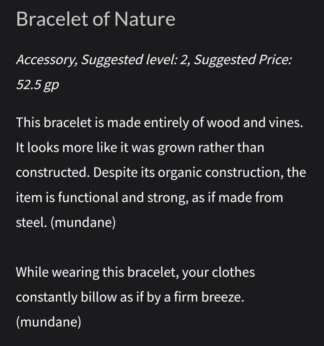 Random Item of the Day: Bracelet of Nature Check out ilootthebody.com to generate tons of items like this for #DnD and any other #ttrpg you might be playing.