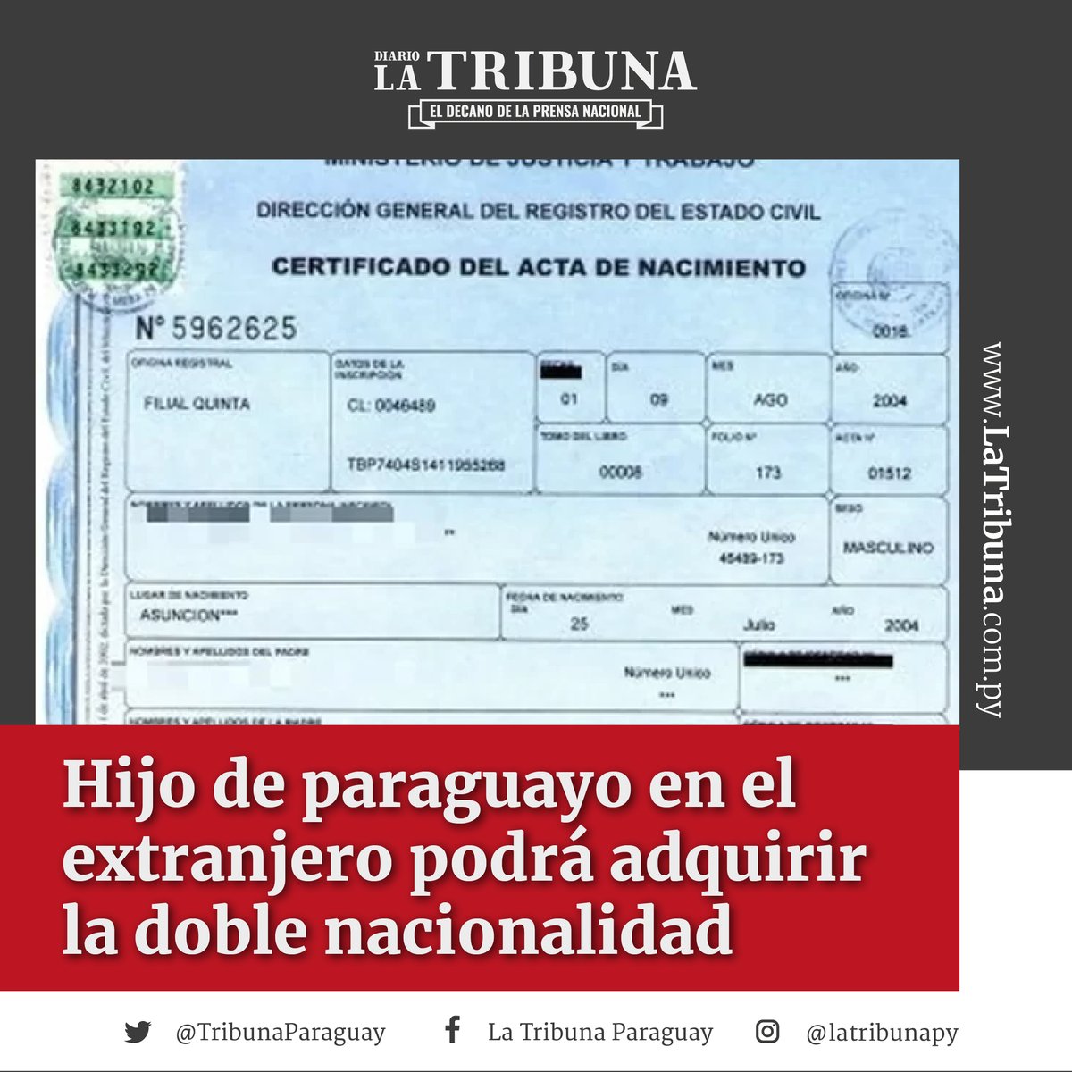 TribunaParaguay's tweet photo. Los hijos de paraguayos nacidos en el exterior podrán adquirir la nacionalidad de sus padres, según la ley que el 12 de diciembre aprobó la Cámara de Diputados y el Poder Ejecutivo promulgó recientemente.
Lee la nota completa aquí: https://t.co/3v7bbGrUUf https://t.co/SZbnv29kWr