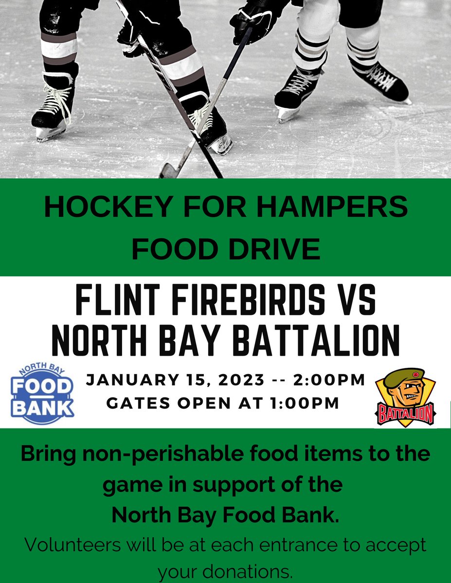 nbfoodbank's tweet photo. Hockey For Hampers at Memorial Gardens on January 15, 2023.  Please bring a non-perishable food item when you come to watch our North Bay Battalion take on the Flint Firebirds.  Thank you for supporting your North Bay Food Bank. https://t.co/w0oADQdemL