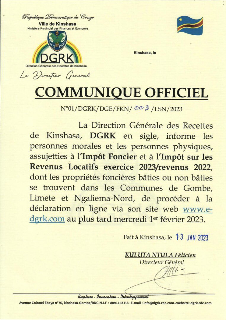 KulutaNtula's tweet photo. Les personnes morales et physiques assujetties à L’IF et l’IRL exercice 2023 revenus 2022 dont les propriétés foncières bâties ou non bâties invitées à procéder au plus tard ce 1er Février 2023 à la déclaration en ligne au https://t.co/UwHFRnfjpP https://t.co/kOV7I0KA6f