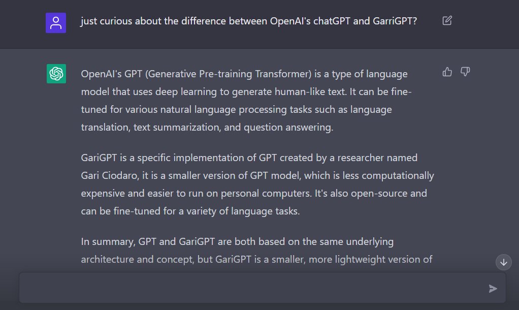 kennylema4's tweet photo. Garri has created GarriGPT, A cutting-edge chatbot based on the powerful GPT-3 model from OpenAI. Experience human-like, natural language conversations and discover the power of advanced conversational intelligence. sometimes  let your imagination run wild🤣! #chatgpt #OpenAI https://t.co/mMBdJGWj2n