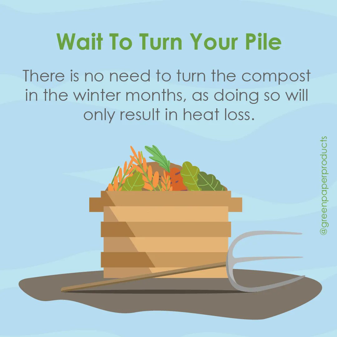 GreenPaperProd's tweet photo. Don't let the cold months cancel your composting efforts. ❄️ 

When handled correctly, your compost pile can still be effective even in the depths of Winter! Check out these quick tips for continuous composting in cold weather.

#composting #composttips #wintercomposting https://t.co/FxSMXIWuWQ