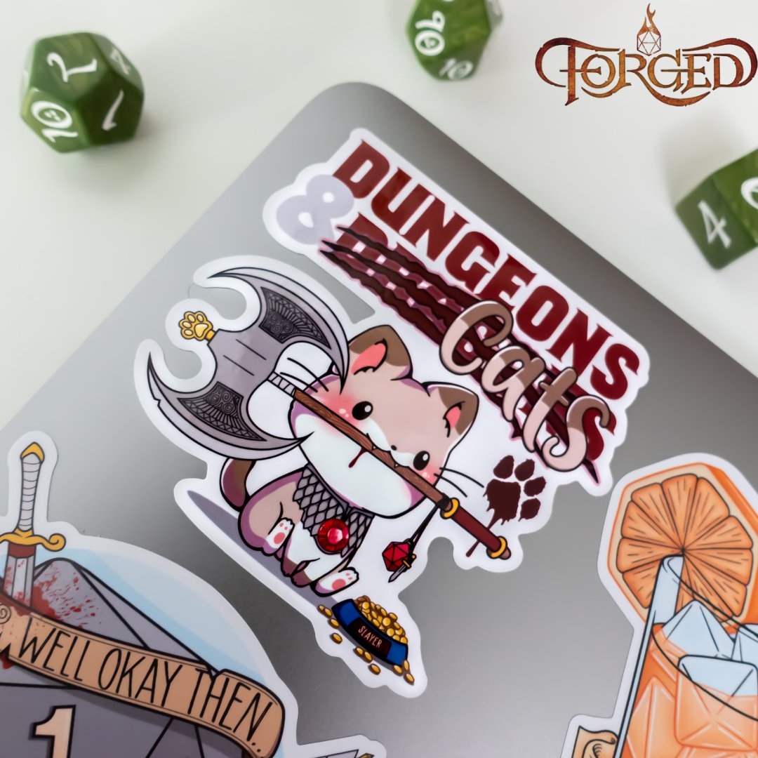 ForgedGamingCo's tweet photo. This adorable little slayer of dragons is purr-fect for any D&amp;D and cat lover!

#StickerSaturday #Caturday #DnD #DungeonsandDragons #Stickers #ForgedGaming https://t.co/1PgM7UinQr